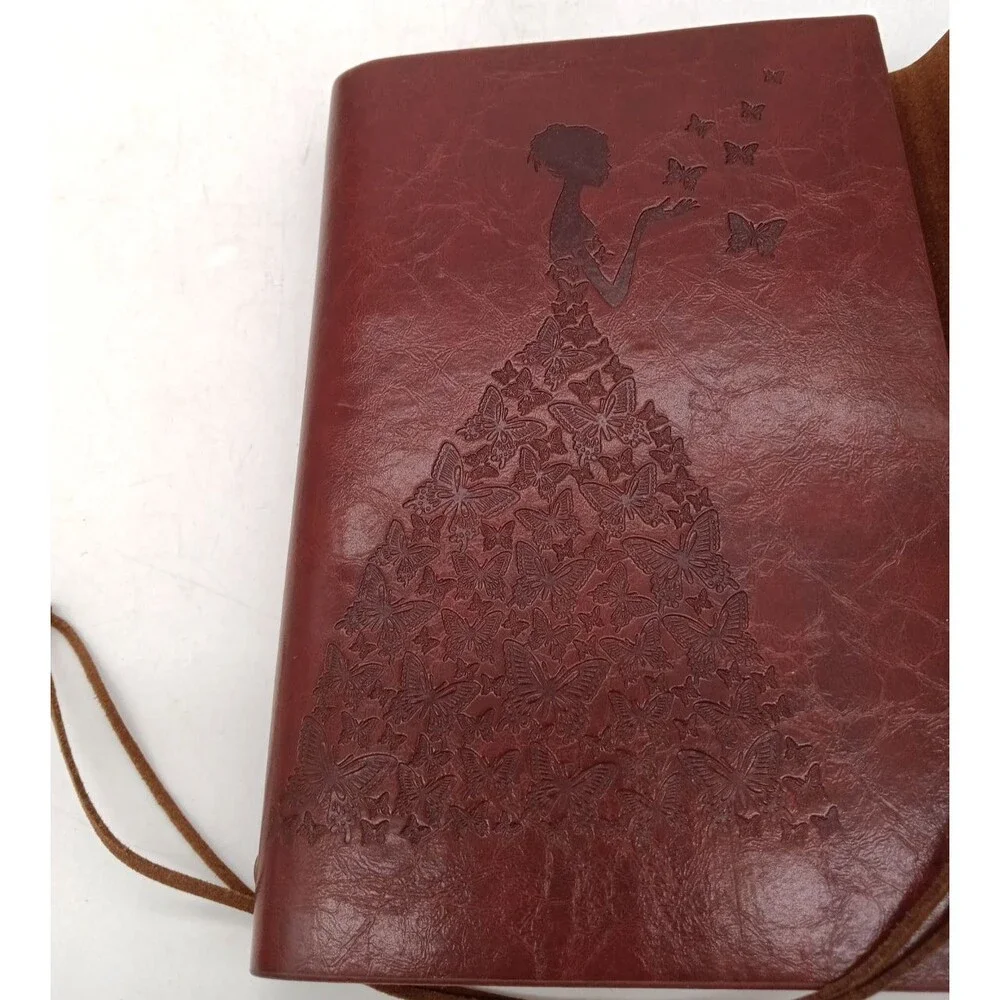 Vtg Burgundy PU Leather Embossed Girl/Butterfly Dress Refillable Journal  NWOT